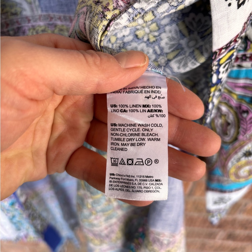 CHICO’S Blue Patchwork 100% Linen Duster Jacket K… - image 7